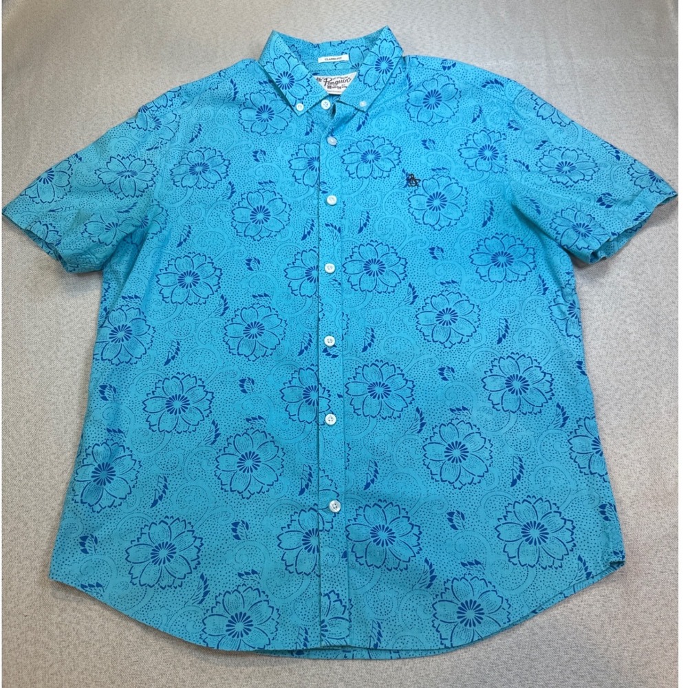 Original Penguin Shirt Mens Medium Blue Cotton Blend Floral Short Sleeve Classic